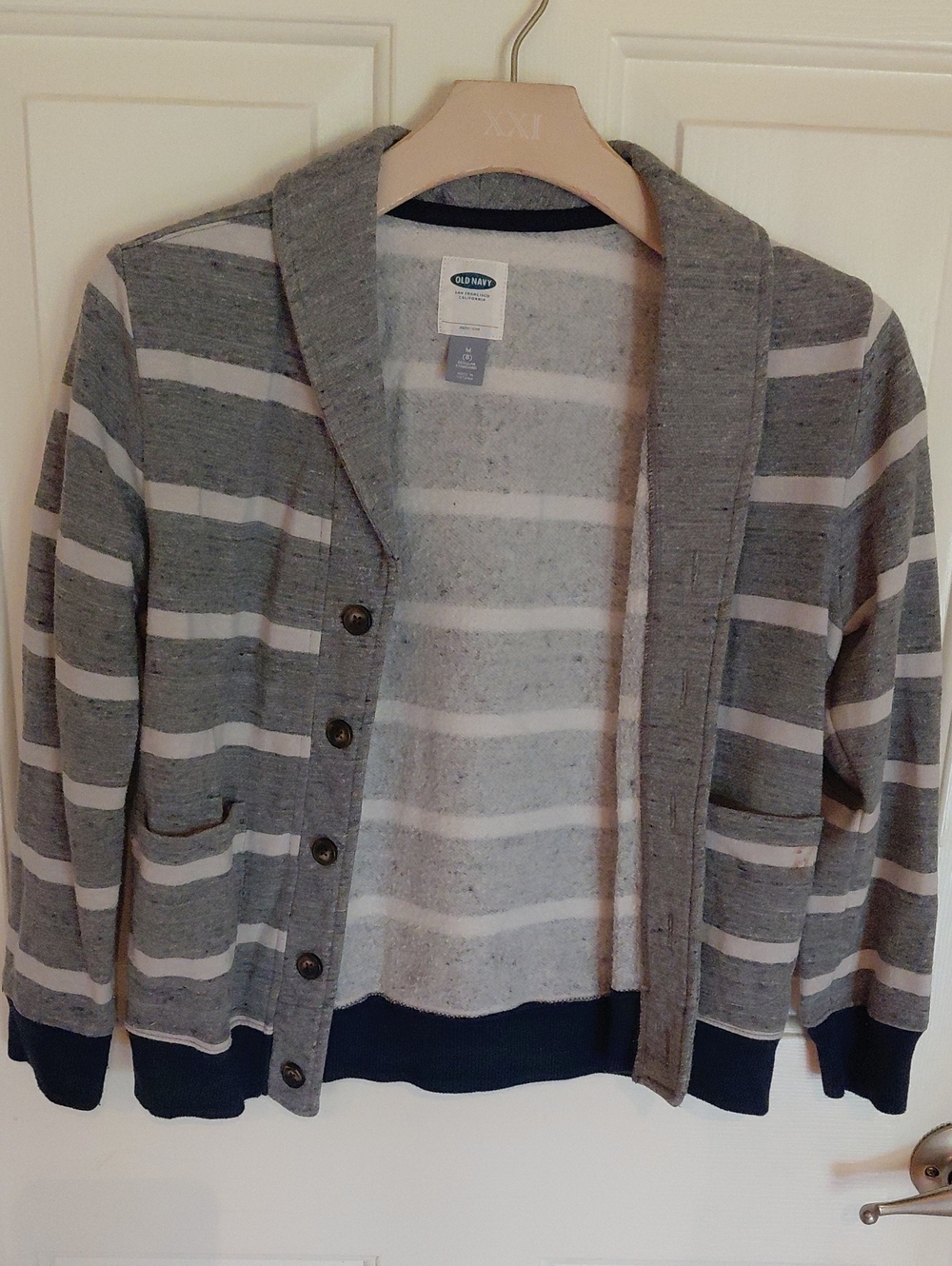 Old Navy Gray & White Striped Shawl-Collar Cardigan with Navy Trim